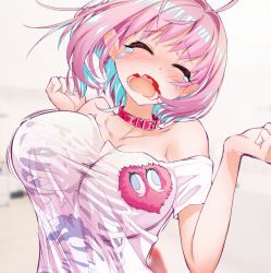 Rule 34 | 1girl, ahoge, blue hair, blurry, blurry background, blush, breasts, cleavage, clenched hands, closed eyes, cluseller, collar, collarbone, colored inner hair, crying, ear blush, earrings, fang, female focus, hands up, heart on chest, highres, idolmaster, idolmaster cinderella girls, jewelry, large breasts, motion lines, multicolored hair, nose blush, off shoulder, open mouth, pill, pill earrings, pink hair, shirt, short hair, short sleeves, simple background, skeleton print, skin fang, solo, tears, teeth, tongue, two-tone hair, upper body, white background, white shirt, yumemi riamu