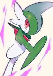 Rule 34 | blurry, chirosamu, closed mouth, colored skin, commentary, creatures (company), energy, gallade, game freak, gen 4 pokemon, green hair, highres, looking back, nintendo, pokemon, pokemon (creature), red eyes, solo, standing, symbol-only commentary, white skin