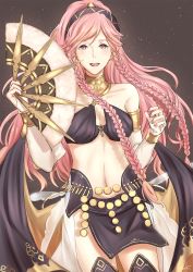 Rule 34 | 1girl, bare shoulders, blush, braid, breasts, fire emblem, fire emblem awakening, fire emblem heroes, gloves, hairband, hakirino, highres, jewelry, long hair, looking at viewer, midriff, navel, nintendo, olivia (fire emblem), open mouth, pink hair, ponytail, side braid, smile, solo, thighhighs, twin braids