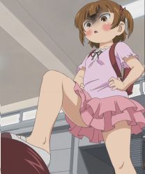 Rule 34 | 1girl, angry, breasts, brown eyes, brown hair, child, femdom, foot on head, highres, looking down, marui mitsuba, mitsudomoe, no socks, open mouth, plump, screencap, shoes, short hair, skirt, small breasts, standing
