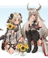 Rule 34 | 2girls, :d, :q, arknights, ass, bad id, bad pixiv id, bare shoulders, black socks, blonde hair, blush, breasts, detached sleeves, expulse, flower, grey hair, highres, horns, ifrit (arknights), jacket, kneehighs, long hair, matoimaru (arknights), multiple girls, nail polish, open mouth, orange eyes, orange nails, parted bangs, plant, pointy ears, potted plant, red eyes, sitting, smile, socks, sunflower, tail, teeth, thighhighs, toeless footwear, tongue, tongue out, very long hair