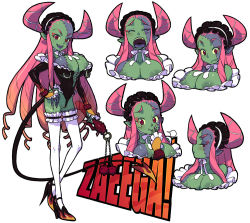 Rule 34 | 1girl, blush, breasts, colored skin, demon girl, drill hair, fangs, green skin, horns, huge breasts, ishikawa hideki, long hair, maid, pink hair, red eyes, scar, stitches, tail, tears, thighhighs, undead, zombie
