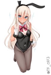 Rule 34 | 1girl, absurdres, alternate costume, animal ears, black leotard, black pantyhose, blonde hair, blue eyes, blush, bow, bowtie, breasts, covered navel, detached collar, fake animal ears, fake tail, gloves, hair ornament, highres, kantai collection, kneeling, leotard, long hair, looking at viewer, open mouth, pantyhose, playboy bunny, rabbit ears, rabbit tail, ro-500 (kancolle), small breasts, smile, solo, strapless, strapless leotard, tail, tan, tf cafe, traditional bowtie, twitter username, white gloves, wrist cuffs
