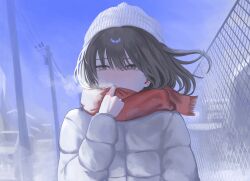 Rule 34 | 1girl, absurdres, adjusting scarf, blue sky, blush, breath, brown hair, chain-link fence, coat, commentary, dot nose, down jacket, fence, floating hair, grey eyes, hat, highres, jacket, kyano (kyanora3141), original, outdoors, power lines, red scarf, ribbed hat, scarf, sky, snow, solo, symbol-only commentary, upper body, utility pole, vanishing point, white coat, white hat, white theme, winter clothes, winter coat