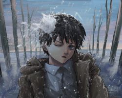 Rule 34 | 1boy, aged down, black hair, chainsaw man, child, coat, collared shirt, hayakawa aki, highres, jacket, long sleeves, necktie, open mouth, outdoors, shirt, short hair, snow, snowball, snowball fight, solo, taorotana, white shirt, winter clothes, winter coat