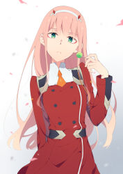 Rule 34 | 1girl, candy, closed mouth, commentary request, darling in the franxx, dress, food, gradient background, green eyes, grey background, hairband, hand up, highres, holding, holding candy, holding food, holding lollipop, horns, kusumoto shizuru, lollipop, long hair, looking at viewer, petals, pink hair, red dress, solo, very long hair, white background, white hairband, zero two (darling in the franxx)