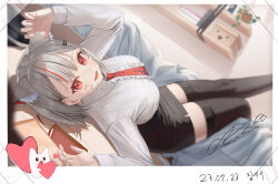 Rule 34 | 1girl, absurdres, animal ears, belt, black belt, black skirt, black thighhighs, blurry, blurry background, book, breasts, cat ears, center frills, collared shirt, dated, dos (ehgns007kr), dutch angle, earrings, facial mark, frills, grey hair, hair ornament, hairclip, high-waist skirt, highres, indoors, jewelry, large breasts, leg up, long sleeves, looking at viewer, lying, miniskirt, multicolored hair, necktie, neneko mashiro, on back, open mouth, pencil skirt, red eyes, red hair, red necktie, shirt, short hair, signature, skirt, smile, solo, stellive, streaked hair, thighhighs, virtual youtuber, whisker markings, white shirt, wing collar, zettai ryouiki