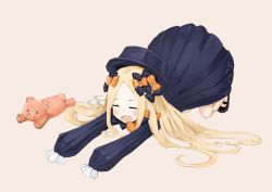 Rule 34 | 1girl, abigail williams (fate), bad id, bad pixiv id, black bow, black dress, black footwear, black hat, blonde hair, blush, bow, brown background, closed eyes, dress, fate/grand order, fate (series), forehead, hair bow, hat, long hair, long sleeves, mary janes, mizusaki rain, open mouth, orange bow, outstretched arms, parted bangs, polka dot, polka dot bow, shoes, simple background, sleeves past fingers, sleeves past wrists, solo, stuffed animal, stuffed toy, teddy bear, very long hair