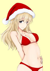 Rule 34 | 1girl, absurdres, arm behind back, bikini, blonde hair, blue eyes, brave witches, breasts, christmas, collarbone, cowboy shot, groin, hair between eyes, hand on own hip, hat, highres, isosceles triangle (xyzxyzxyz), long hair, looking at viewer, medium breasts, navel, nora taylor, red bikini, santa hat, sidelocks, skindentation, smile, solo, strike witches, swimsuit, world witches series, yellow background
