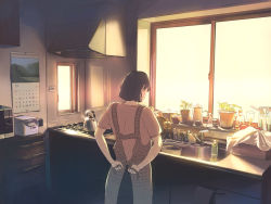 Rule 34 | 1girl, apple, apron, black hair, cooking, cowboy shot, cup, cupping glass, drinking glass, food, fo~do, from behind, fruit, indoors, kettle, kitchen, kitchen hood, original, plant, potted plant, reflection, rice cooker, short hair, solo