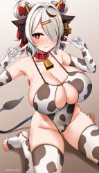 Rule 34 | 1girl, animal costume, animal ears, animal print, bell, blush, breasts, cleavage, closed mouth, collar, commentary request, cow costume, cow ears, cow girl, cow horns, cow print, cow tail, cowbell, double v, ear tag, elbow gloves, fake horns, female focus, gloves, gluteal fold, grey hair, hair ornament, horns, huge breasts, looking at viewer, marota, marota (character), neck bell, one-piece swimsuit, original, red eyes, short hair, simple background, sitting, smile, solo, sweat, swimsuit, symbol-shaped pupils, tail, thighhighs, toeless legwear, v, virtual youtuber, w, wariza