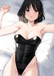 Rule 34 | 1girl, anti (0324), arms up, bare shoulders, bed, black hair, black leotard, breasts, commentary request, covered navel, large breasts, leotard, looking at viewer, lying, mole, mole on breast, mole under eye, on back, original, parted lips, purple eyes, short hair, solo, strapless, strapless leotard