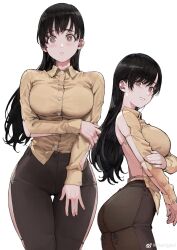 Rule 34 | 1girl, absurdres, arm support, ass, backless outfit, bare back, black hair, breasts, collared shirt, commentary request, highres, jun (navigavi), large breasts, long hair, long sleeves, looking at viewer, meme attire, original, pants, shirt, simple background, solo, standing, weibo logo, weibo watermark, white background