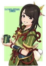 Rule 34 | 1girl, armor, blush, border, brown eyes, brown hair, copyright name, cup, fingernails, highres, holding, holding cup, long hair, looking at viewer, making-of available, monster hunter (series), monster hunter rise, omaru gyuunyuu, pink lips, pouch, sleeves rolled up, smile, solo, tea, teacup, teeth, vambraces, white border, yomogi (monster hunter)