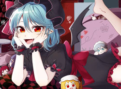 Rule 34 | :d, back bow, barefoot, bat wings, black dress, black headwear, black wings, blonde hair, blue eyes, blue hair, bow, character doll, commentary request, dress, eringi (rmrafrn), flandre scarlet, frilled dress, frills, grey hair, hands up, hat, heart, highres, hong meiling, izayoi sakuya, koakuma, leg up, looking at viewer, lying, mob cap, on stomach, open mouth, patchouli knowledge, pointy ears, puffy short sleeves, puffy sleeves, purple eyes, purple hair, red bow, red eyes, red hair, remilia scarlet, short sleeves, smile, table, touhou, wings, wrist cuffs