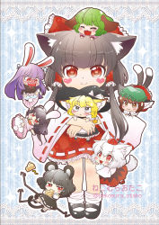 Rule 34 | 6+girls, :&lt;, :3, animal ears, apron, ass, black dress, black hair, blazer, blonde hair, bloomers, blush, bow, braid, brown eyes, brown hair, capelet, carrot, carrot necklace, cat ears, cat tail, cheese, chen, chibi, chibi on head, closed eyes, clothes pull, covering privates, covering crotch, dowsing rod, dress, ear piercing, earrings, eating, fang, food, green hair, grey dress, grey eyes, hair tubes, hakurei reimu, hat, hat bow, heart, inaba tewi, inubashiri momiji, jacket, jewelry, kasodani kyouko, kemonomimi mode, kirisame marisa, long hair, long sleeves, mini person, minigirl, mob cap, mouse ears, mouse tail, multiple girls, multiple tails, nazrin, necklace, nekomata, nekomura otako, on head, open mouth, pendant, piercing, pink dress, puffy short sleeves, puffy sleeves, purple hair, rabbit ears, rabbit tail, red dress, red eyes, reisen udongein inaba, shirt, short sleeves, silver hair, single braid, single earring, skirt, skirt pull, smile, symbol-shaped pupils, tail, tears, tokin hat, tongue, tongue out, touhou, underwear, very long hair, waist apron, wide sleeves, witch hat, wolf ears, wolf tail