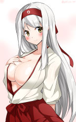 Rule 34 | 10s, 1girl, arm behind back, blush, breasts, cleavage, collarbone, hairband, hakama, hakama short skirt, hakama skirt, hand on breast, japanese clothes, kantai collection, large breasts, long hair, looking at viewer, open clothes, red skirt, shoukaku (kancolle), silver hair, skirt, smile, solo, twitter username, yellow eyes, yuuki hb