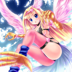 Rule 34 | 1girl, armband, ass, blonde hair, blue eyes, breasts, claws, cleavage, collarbone, duel monster, feathers, hair ornament, harpie girl (yu-gi-oh!), heart, heart hair ornament, kogarashi (wind of winter), long hair, navel, pantyhose, pink wings, single leg pantyhose, solo, thighhighs, wings, wristband, yu-gi-oh!, yu-gi-oh! duel monsters