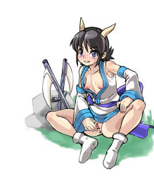 Rule 34 | 1girl, anus, bar censor, black hair, blue eyes, breasts, censored, condor trilogy, detached sleeves, female focus, functionally nude, grin, horns, kanriken, kusarigama, nipples, no panties, pussy, return of the condor heroes, sickle, sitting, small breasts, smile, socks, solo, spread pussy, weapon, xiao long nu