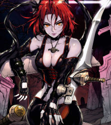 Rule 34 | 1girl, arc system works, armor, bare shoulders, blade, bloodrayne, breasts, cleavage, corset, dhampir, elbow gloves, fingerless gloves, gloves, half-human, half-undead, highres, jewelry, large breasts, leather, leather armor, looking at viewer, mixed species, necklace, official art, parted lips, red hair, short hair, smile, solo, undead, vampire, wayforward, wide hips