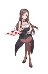 Rule 34 | 1girl, adapted costume, belt, black footwear, breasts, brown hair, card, cleavage, crossed legs, dorothy (princess principal), full body, highres, invisible chair, large breasts, long hair, looking at viewer, official art, pantyhose, playing card, princess principal, princess principal game of mission, purple eyes, shoes, sitting, transparent background, wrist cuffs
