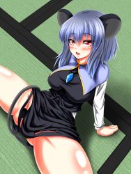 Rule 34 | 1girl, animal ears, blush, capelet, grey hair, highres, looking at viewer, mouse ears, nazrin, open mouth, parmiria, red eyes, solo, spread legs, striped, striped background, thighs, touhou