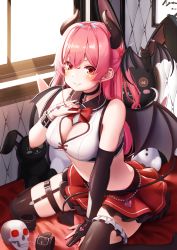 Rule 34 | 1girl, absurdres, bare shoulders, bat (animal), between legs, black choker, black gloves, black thighhighs, breasts, choker, cleavage, cleavage cutout, closed mouth, clothing cutout, crop top, demon girl, demon horns, demon tail, demon wings, elbow gloves, frilled thighhighs, frills, gloves, hand on own chest, heart cutout, highres, horns, huge filesize, long hair, looking at viewer, medium breasts, midriff, miniskirt, moe2021, nail polish, nyan (reinyan 007), original, pink hair, pink nails, red eyes, red skirt, shirt, single elbow glove, sitting, skindentation, skirt, skull, sleeveless, sleeveless shirt, smile, solo, stomach, stuffed animal, stuffed rabbit, stuffed toy, tail, thighhighs, white shirt, wings, zettai ryouiki
