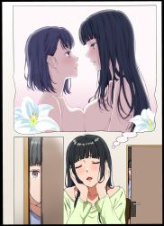 Rule 34 | 2girls, absurdres, black hair, blunt bangs, blush, breast press, breasts, closed eyes, commentary request, daffodil, dreaming, eye contact, flower, futago ane (kakitama), futago imouto (kakitama), hands on own cheeks, hands on own face, highres, imagining, indoors, jijo (kakitama), kakitama, lily (flower), long hair, looking at another, medium breasts, mouth hold, multiple girls, nude, original, parted lips, peeking, profile, short hair, siblings, sidelocks, sisters, symmetrical docking, twins, upper body, yuri