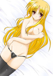 Rule 34 | 00s, 1girl, black panties, black thighhighs, blonde hair, blush, breasts, cleavage, collarbone, covering privates, covering breasts, cowboy shot, fate testarossa, from above, groin, long hair, looking at viewer, lying, lyrical nanoha, mahou shoujo lyrical nanoha, mahou shoujo lyrical nanoha strikers, on back, panties, sidelocks, solo, thighhighs, topless, underwear, very long hair