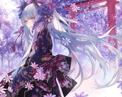 Rule 34 | 1girl, character request, commentary, floral print, grey hair, hair ribbon, heterochromia, japanese clothes, kaneblob, kimono, long hair, outdoors, pink eyes, red ribbon, ribbon, solo, torii, very long hair, yellow eyes