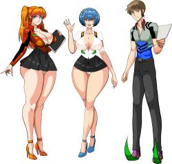 Rule 34 | 1boy, 2girls, :d, absurdres, adapted costume, aged up, alcione makoto, alternate universe, ayanami rei, bare legs, blue eyes, blue hair, breasts, cleavage, curvy, full body, hair ornament, highres, huge breasts, ikari shinji, long hair, looking at viewer, miniskirt, multiple girls, neon genesis evangelion, open mouth, orange hair, pants, red eyes, ribbon, salute, shirt, short hair, skirt, smile, souryuu asuka langley, two side up, wide hips