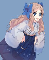 Rule 34 | 1girl, :d, anchor, asakaze (kancolle), blue background, blue bow, blue eyes, blue hakama, blue kimono, bow, commentary request, furisode, hair bow, hakama, hakama skirt, hands on own hips, japanese clothes, kantai collection, kimono, light brown hair, long hair, long sleeves, looking at viewer, meiji schoolgirl uniform, open mouth, parted bangs, short kimono, sidelocks, simple background, skirt, smile, solo, very long hair, wavy hair, wide sleeves, zp hn02