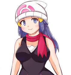Rule 34 | 1girl, beanie, blush, breasts, closed mouth, commentary, creatures (company), dawn (pokemon), eyelashes, game freak, grey eyes, hat, long hair, looking at viewer, nintendo, pokemon, pokemon (anime), pokemon dppt (anime), re-tori, scarf, shirt, simple background, sleeveless, sleeveless shirt, smile, solo, upper body, white background, white hat