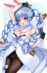 Rule 34 | 1girl, absurdres, animal ear fluff, animal ears, arm over head, arm up, bare shoulders, black gloves, black leotard, black pantyhose, blue hair, blush, braid, breasts, bridal garter, carrot, carrot hair ornament, cleavage, coat, double v, extra ears, food-themed hair ornament, fur trim, gloves, hair ornament, highres, hololive, leotard, leotard under clothes, long hair, looking at viewer, medium breasts, multicolored hair, open mouth, pantyhose, rabbit ears, rabbit girl, red eyes, scarf, shouu-kun, solo, thick eyebrows, thigh strap, twin braids, two-tone hair, usada pekora, usada pekora (1st costume), v, virtual youtuber, white coat, white hair
