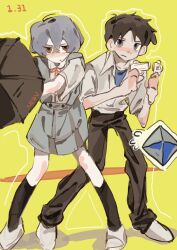 angel_(evangelion) ayanami_rei black_socks blue_eyes blue_hair blush brown_hair gujijiwawa highres holding holding_umbrella ikari_shinji neon_genesis_evangelion red_eyes school_uniform shirt short_hair socks tokyo-3_middle_school_uniform umbrella white_footwear white_shirt yellow_background