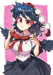 Rule 34 | 1girl, bird wings, black hair, black skirt, blush, bow, bowtie, breasts, carte, covered erect nipples, cowboy shot, feathered wings, hands up, hat, highres, large breasts, looking at viewer, medium hair, pointy ears, pom pom (clothes), purple background, red bow, red bowtie, red eyes, shameimaru aya, shirt, short sleeves, simple background, skirt, smile, solo, sparkle, tassel, tokin hat, touhou, white shirt, wing collar, wings