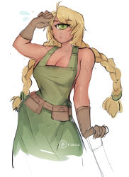 Rule 34 | 1girl, apron, belt, belt pouch, blonde hair, braid, breasts, brown belt, brown gloves, cleavage, closed mouth, cyclops, dark-skinned female, dark skin, flying sweatdrops, gloves, green apron, green eyes, hand up, highres, large breasts, looking at viewer, matilda fiship, naked apron, one-eyed, original, pouch, simple background, solo, sweat, twin braids, white background