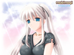 Rule 34 | 1girl, blue eyes, breasts, cleavage, closed mouth, cloud, collarbone, copyright name, eyebrows, hair ornament, hair ribbon, jewelry, kafu (logaemon), large breasts, light smile, long hair, mabinogi, nao (mabinogi), neck ring, necklace, ribbon, short sleeves, sidelocks, sky, solo, sunlight, twintails, upper body, white hair