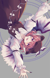 1girl animal_ears bird_ears feathered_wings fingernails highres long_fingernails looking_at_viewer mystia_lorelei short_hair smile solo touhou upside-down uranaishi_(miraura) wings