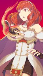 Rule 34 | 1girl, amatari sukuzakki, armor, cape, celica (fire emblem), dress, fire, fire emblem, fire emblem echoes: shadows of valentia, fire emblem heroes, gloves, jewelry, long hair, nintendo, red armor, red eyes, red hair, solo, tiara, white armor