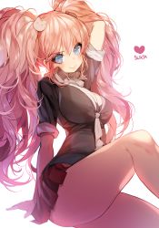 Rule 34 | 10s, 1girl, arm up, artist name, bad id, bad pixiv id, blonde hair, blue eyes, breasts, cleavage, danganronpa (series), danganronpa: trigger happy havoc, enoshima junko, heart, large breasts, leg lift, long hair, looking at viewer, simple background, skirt, smile, solo, sukja, thick thighs, thighs, twintails, white background