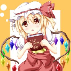 Rule 34 | 1girl, ascot, bad id, bad pixiv id, blonde hair, blush, book, curious, female focus, flandre scarlet, hat, hat ribbon, kmkm9696, looking at viewer, math, open mouth, red eyes, ribbon, shirt, side ponytail, skirt, skirt set, solo, touhou, wings