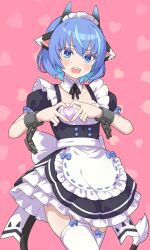 Rule 34 | 1girl, animal ears, apron, blue eyes, blue hair, breasts, heart, maid, maid apron, open mouth, original, short hair, small breasts, solo, tail, thighhighs, ug (nekonekodou), white thighhighs