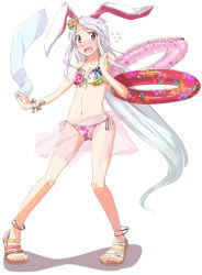 Rule 34 | 1girl, animal ears, anklet, bikini, blush, bracelet, breasts, female focus, flat chest, floral print, flower, hair flower, hair ornament, innertube, jewelry, long hair, nail polish, natsumi akira, pink bikini, pink nails, print bikini, rabbit ears, reisen udongein inaba, sandals, see-through sarong, side-tie bikini bottom, small breasts, solo, swim ring, swimsuit, touhou, very long hair