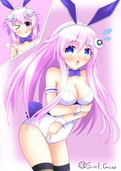 Rule 34 | absurdres, animal ears, bare shoulders, blue eyes, blush, bodysuit, breasts, cleavage, collar, cuffs, embarrassed, fishnets, flustered, hair ornament, hairclip, highres, leggings, leotard, long hair, medium breasts, nepgear, neptune (neptunia), neptune (series), one eye closed, open mouth, pink background, pink hair, playboy bunny, purple eyes, purple hair, purple sister, rabbit, rabbit ears, rabbit tail, ribbon, short hair, siblings, sisters, smile, swirl gear, tail, thighs, tongue, wink