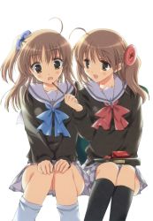 Rule 34 | 2girls, ahoge, blush, brown eyes, brown hair, buttons, extraction, feeding, hair ornament, highres, multiple girls, odawara hakone, pocky, school uniform, siblings, side ponytail, sisters, sitting, transparent background, twins