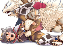Rule 34 | 1boy, 1girl, animal ears, armored boots, bestiality, blush, boots, cat ears, cat girl, censored, clothed sex, dromarch (xenoblade), fangs, feccso, grey hair, highres, jumpsuit, lying, mosaic censoring, nia (xenoblade), on side, open mouth, penis, sex, shoe soles, short hair, simple background, tiger, torn clothes, torn jumpsuit, white background, xenoblade chronicles (series), xenoblade chronicles 2, yellow eyes, yellow jumpsuit