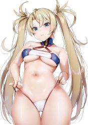 Rule 34 | 1girl, adapted costume, bad id, bad pixiv id, bare arms, bare shoulders, bikini tug, blonde hair, blue eyes, blush, bradamante (fate), braid, breasts, cameltoe, cleavage, commentary request, cowboy shot, criss-cross halter, fate/grand order, fate (series), groin, hair between eyes, halterneck, head tilt, highres, large breasts, long hair, looking at viewer, navel, sidelocks, simple background, smile, solo, stomach, thigh gap, thighs, twintails, very long hair, white background, yayoichi (yoruyoru108)