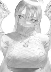 Rule 34 | 1girl, angel, angel wings, arms behind back, breasts, colored skin, feathered wings, grey eyes, grey hair, halo, jewelry, large breasts, long hair, mi8pq, necklace, original, pointy ears, solo, sweater, turtleneck, turtleneck sweater, white skin, white sweater, white theme, white wings, wings