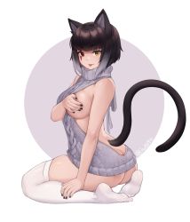 Rule 34 | 1girl, :p, animal ears, aran sweater, ass, backless outfit, bare arms, bare back, black nails, blunt bangs, breasts, cable knit, cat ears, cat girl, cat tail, commentary, commission, covering privates, covering breasts, dress, english commentary, facial mark, feet, full body, gradient background, gradient hair, grey background, grey hair, grey sweater, heterochromia, highres, iwbitu, large breasts, meme attire, multicolored hair, nail polish, naked sweater, one breast out, original, red eyes, short hair, sideboob, simple background, sitting, smile, soles, solo, sweater, sweater dress, tail, thighhighs, toes, tongue, tongue out, turtleneck, turtleneck sweater, twitter username, virgin killer sweater, white thighhighs, yellow eyes
